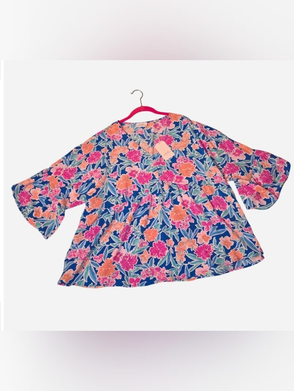 Floral Bell-Sleeve Top - Blue, Pink & Orange
